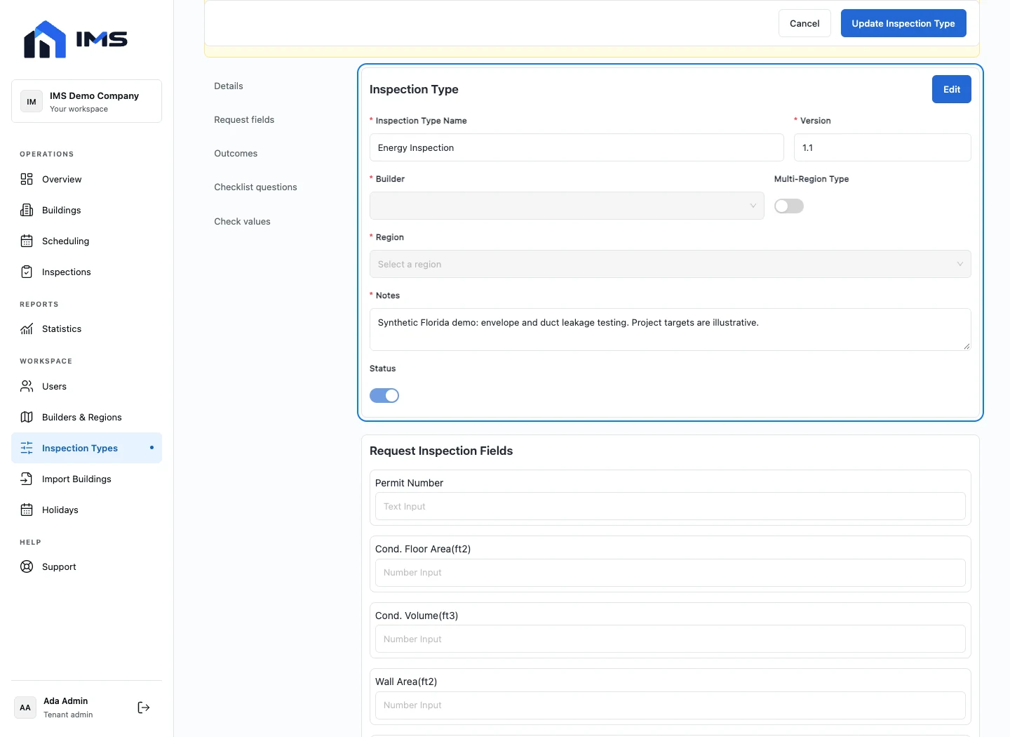 IMS Energy Inspection configuration with project fields, outcomes and measurement inputs
