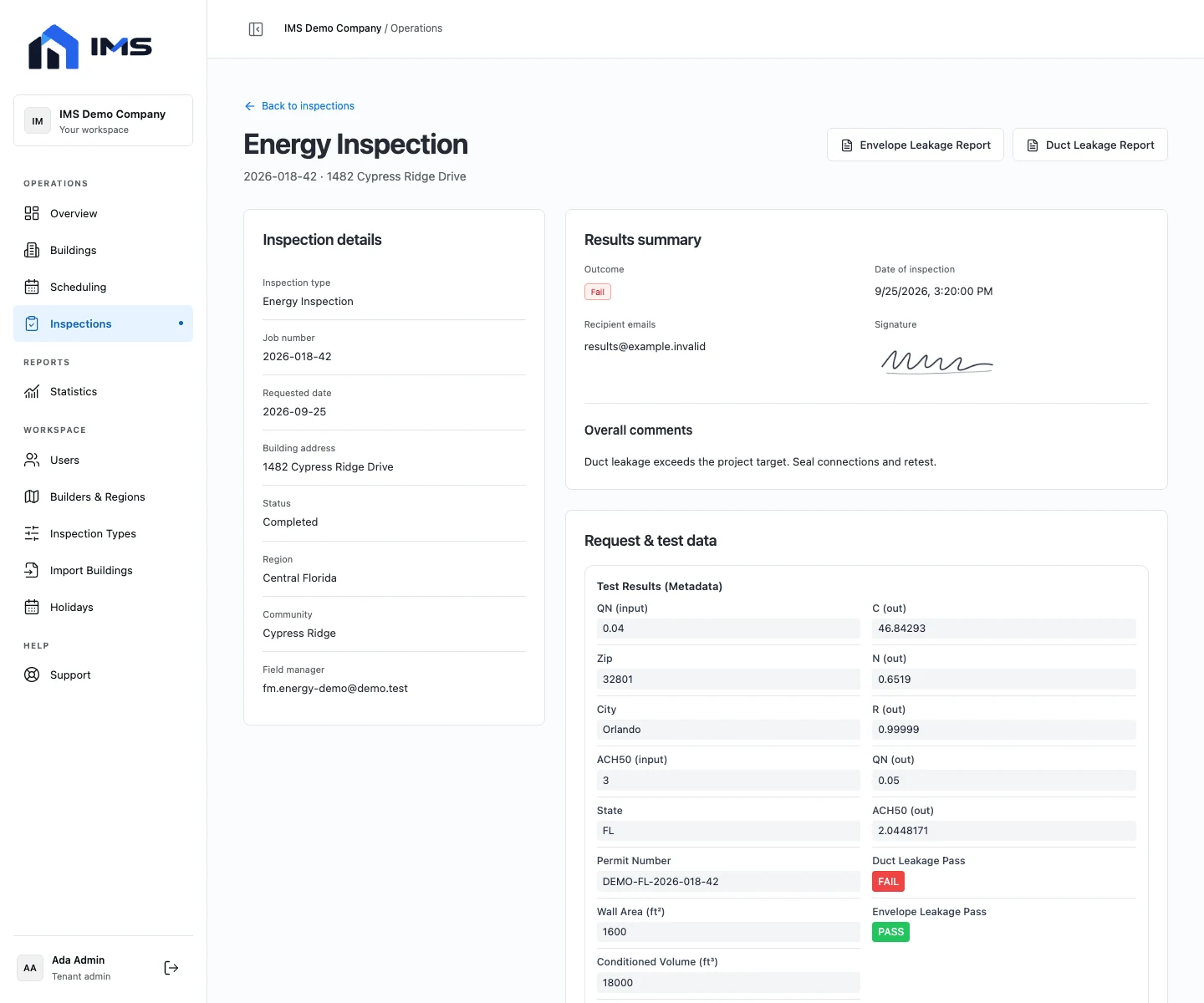 IMS Inspection detail with job context and result summary